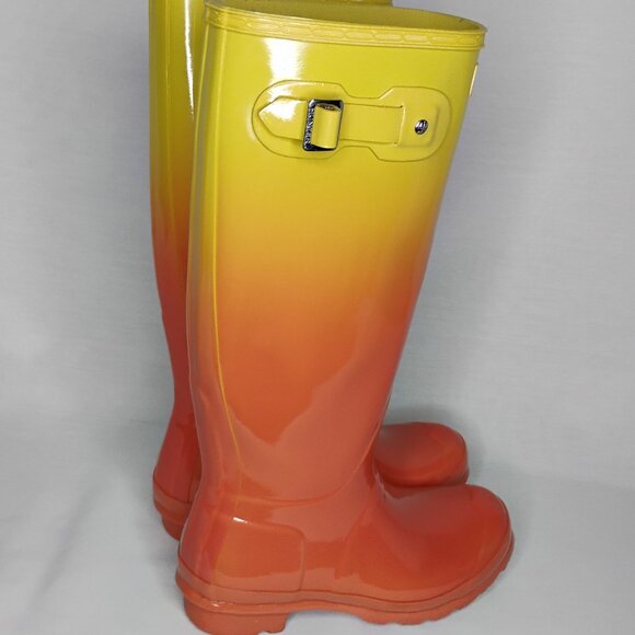 Hunter Boots Rain Tall Glossy Wellies Like New Rare Sunset Ombre Coral Yellow 7 - Picture 2 of 16